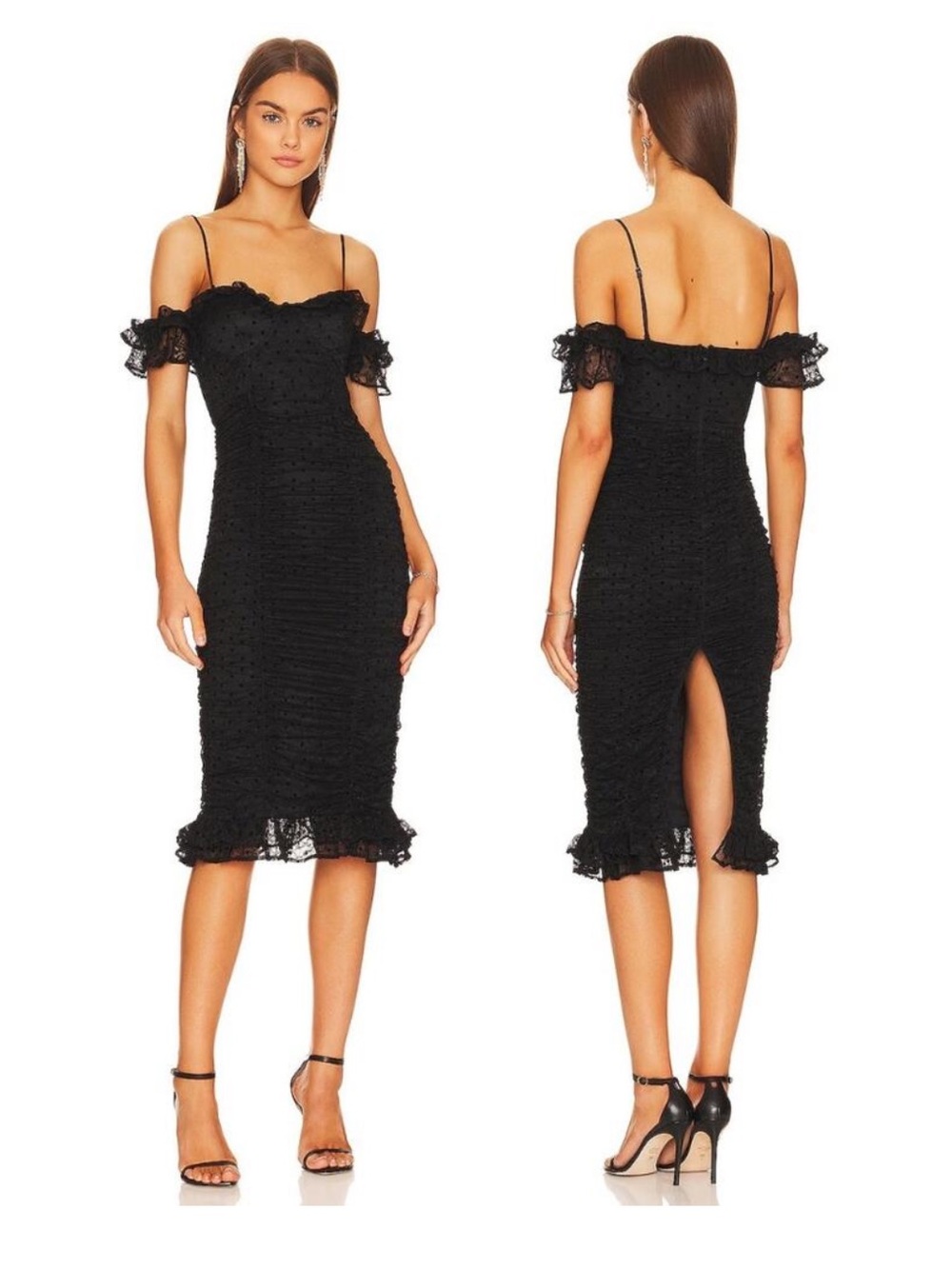 MAJORELLE Black Off-Shoulder Lace Midi Dress